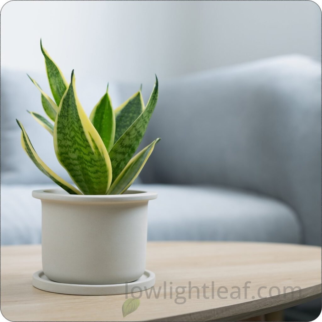 Snake (Sansevieria) plant care guide Dracaena trifasciata 'Futura Superba' in a pot is an easy indoor plant for low-light conditions