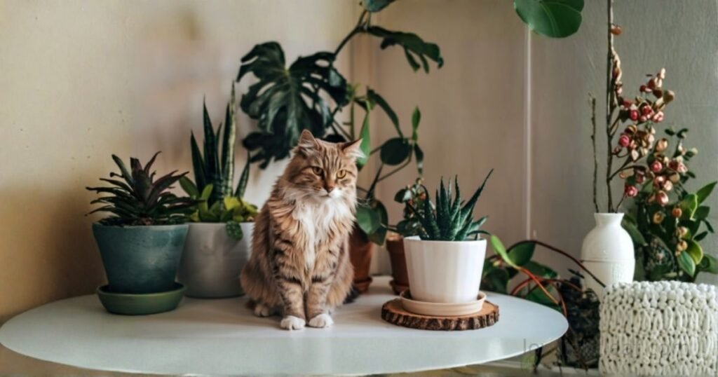 A fluffy indoor cat sitting near safe, pet-friendly houseplants on a white table, showing pet friendly indoor plants.