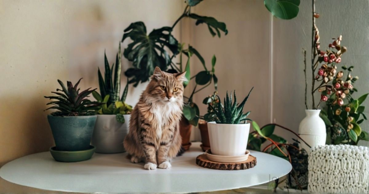 A fluffy indoor cat sitting near safe, pet-friendly houseplants on a white table, showing pet friendly indoor plants.