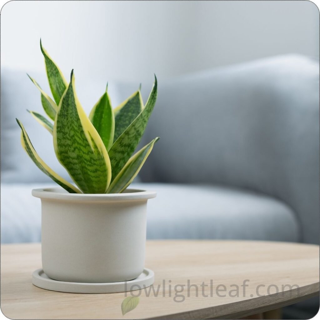 Snake plant in a white pot placed on a wooden table indoors
