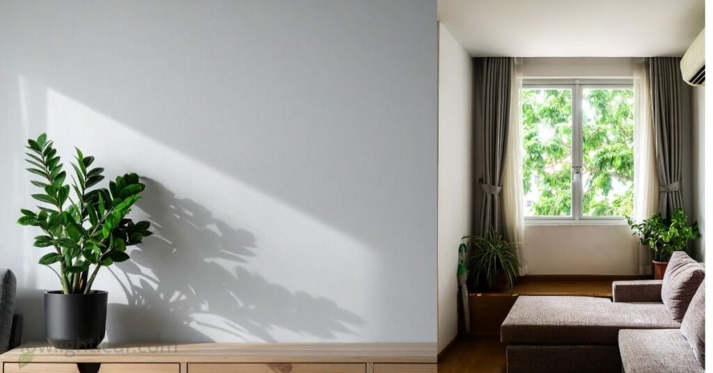 ZZ plant receiving bright indirect light beside a window in a living room