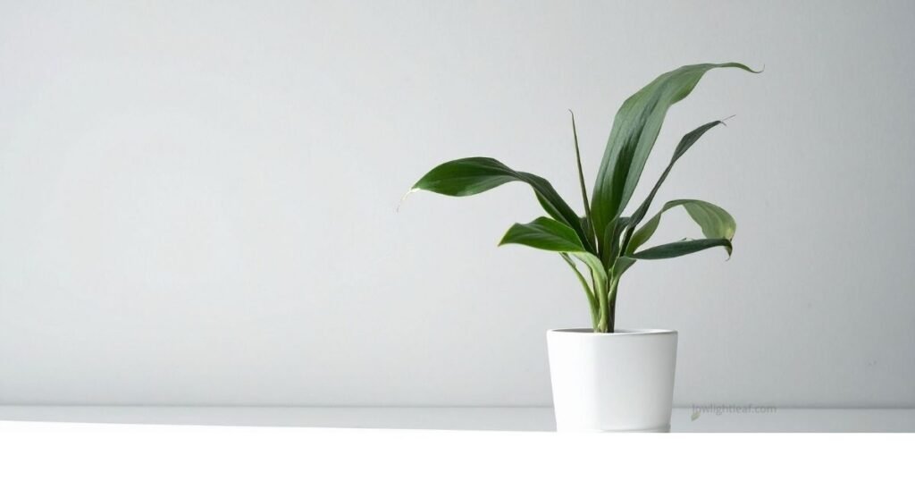 Cast Iron Plant (Aspidistra elatior) placed in a white pot against a minimal light background.