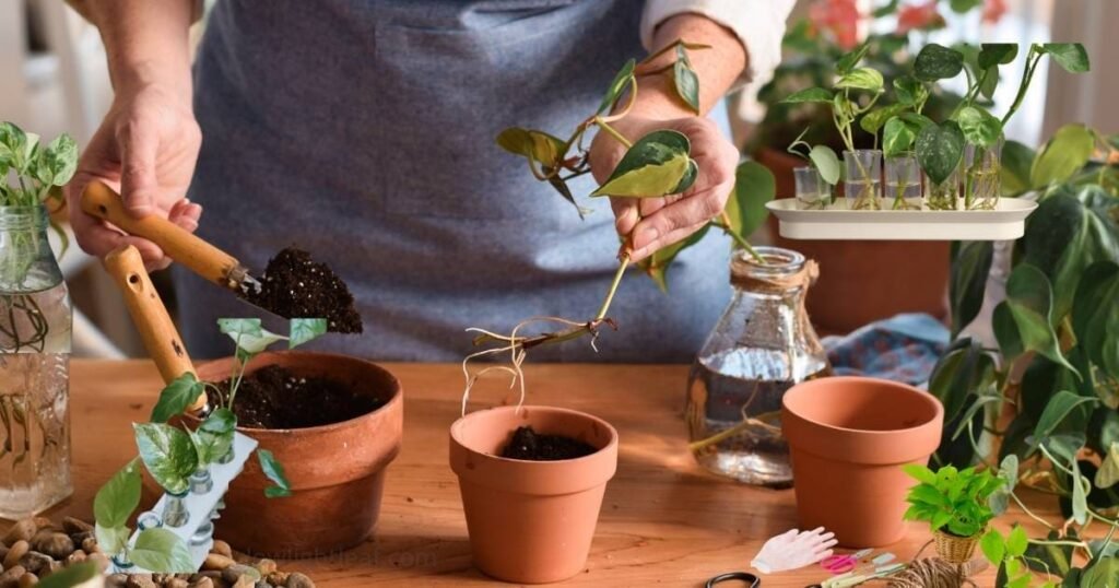 Pothos propagation showing stem cuttings planted in soil and water jars