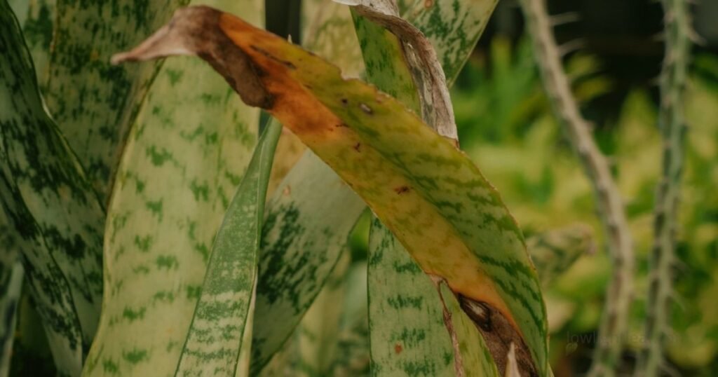Yellow and brown snake plant leaves showing damage caused by overwatering and excess soil moisture