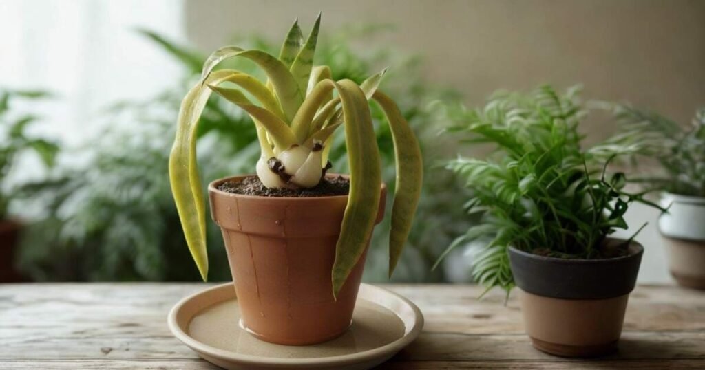 Overwatered snake plant showing yellow, soft, and drooping leaves caused by excess moisture