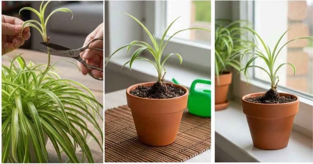 Small houseplant cutting being planted in soil and growing in a pot near a window