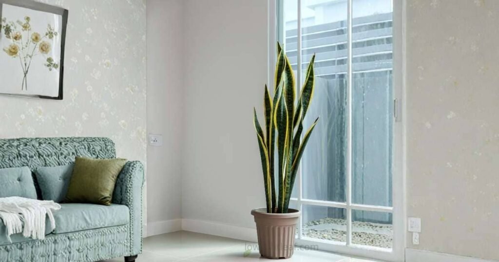 Snake plant placed near a window indoors with tall leaves but slow or no new growth