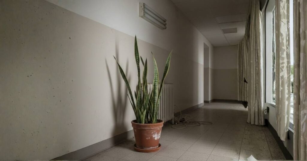 Snake plant placed in a dark indoor area with too little light, leading to slow growth and yellowing.