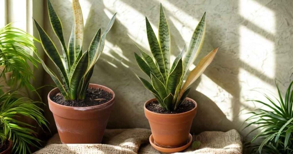 Snake plant leaves turning yellow due to light or watering issues in an indoor pot