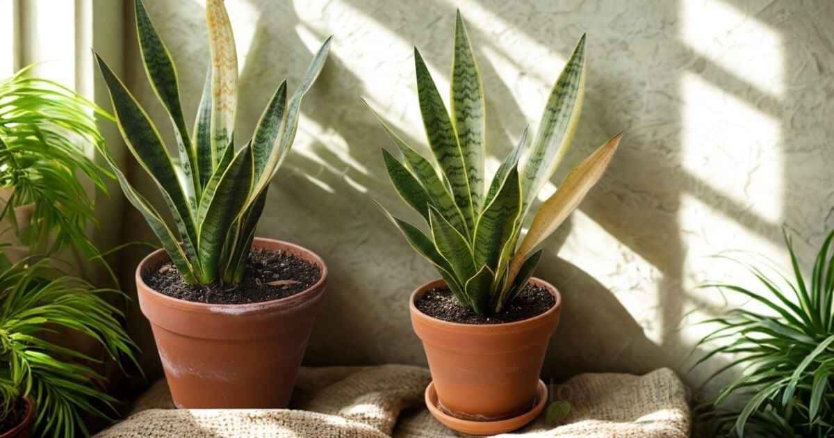 Snake plant leaves turning yellow due to light or watering issues in an indoor pot