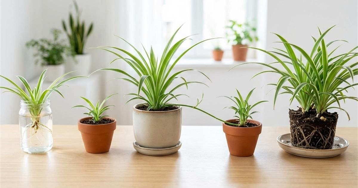 Spider plant propagation showing baby plantlets growing in water and soil pots