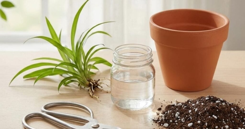 Spider plant propagation supplies including baby plantlet, water jar, pot, soil, and scissors