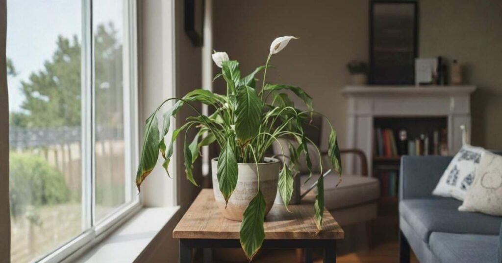 Peace lily plant drooping indoors with limp leaves showing watering or care stress