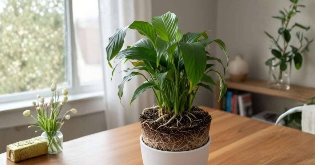 Peace lily plant drooping because of rootbound roots in a tight pot indoors