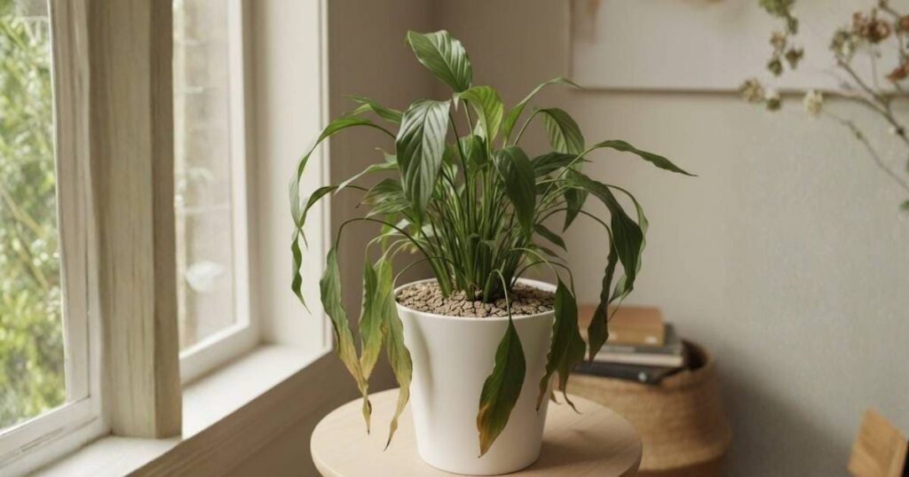 Peace lily plant drooping with limp leaves caused by underwatering and dry soil