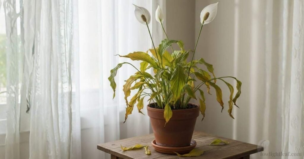 Peace lily with yellow leaves and white flowers showing indoor plant stress
