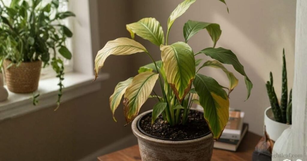 Peace lily leaves turning yellow with brown edges due to watering and humidity stress