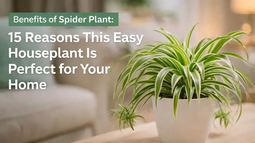 Benefits of spider plant (Chlorophytum comosum) growing indoors in a white pot