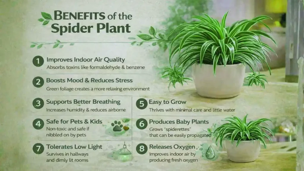 Infographic showing key benefits of spider plant (Chlorophytum comosum) for indoor homes