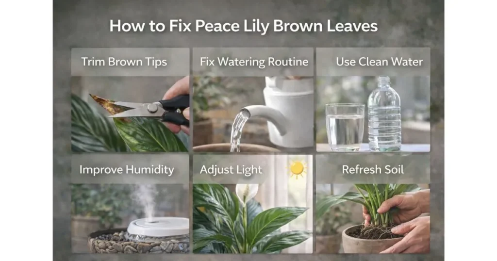 how to fix peace lily brown leaves showing trimming watering clean water humidity light and soil refresh steps