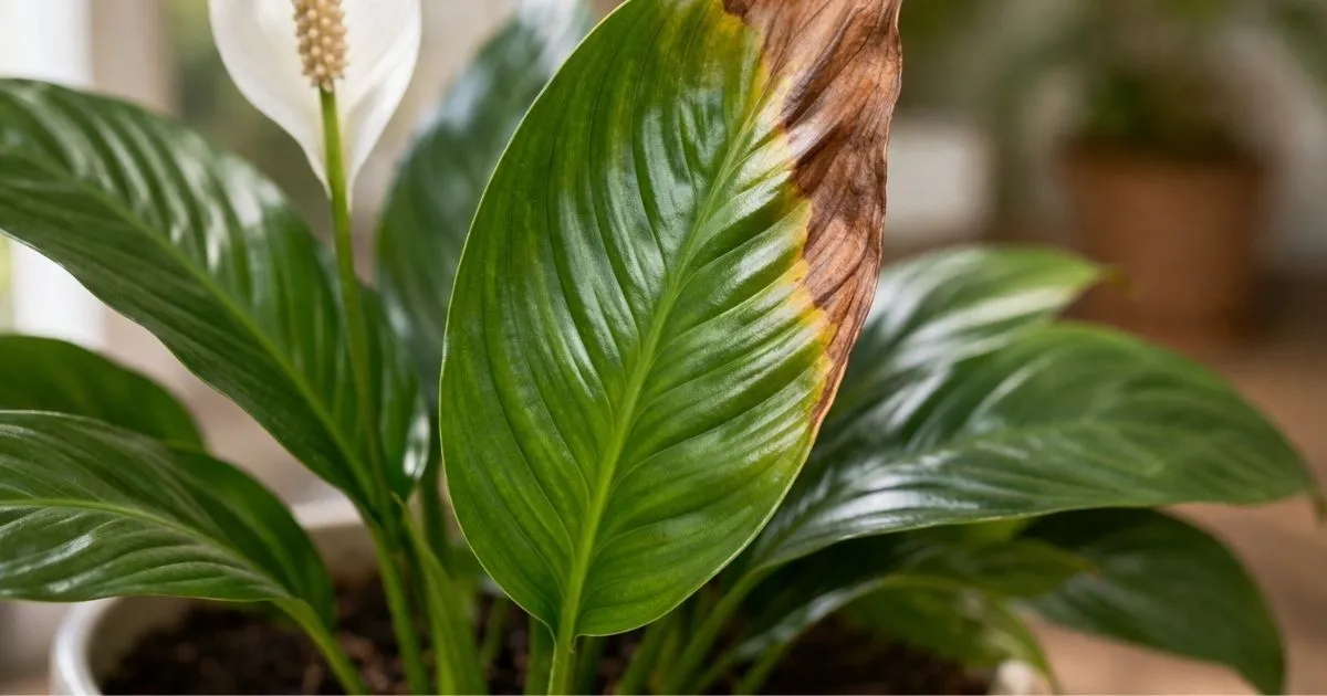 peace lily brown leaves close up showing dry brown tips on leaf