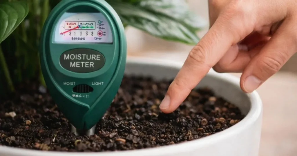 checking soil moisture to prevent peace lily brown leaves using finger and moisture meter