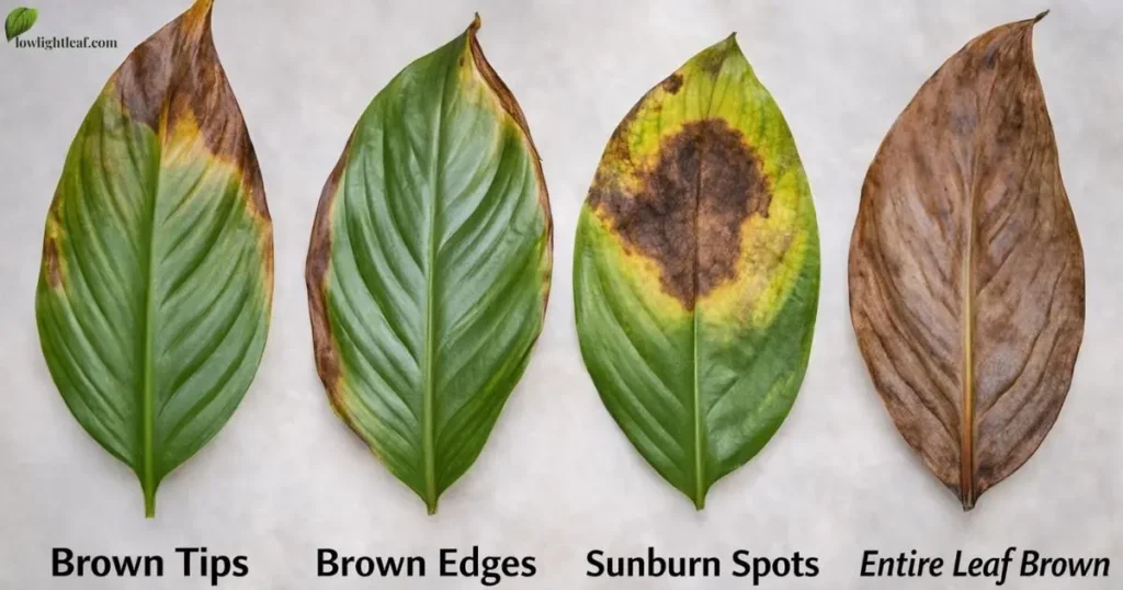 peace lily leaves turning brown tips edges sunburn spots and full leaf damage comparison