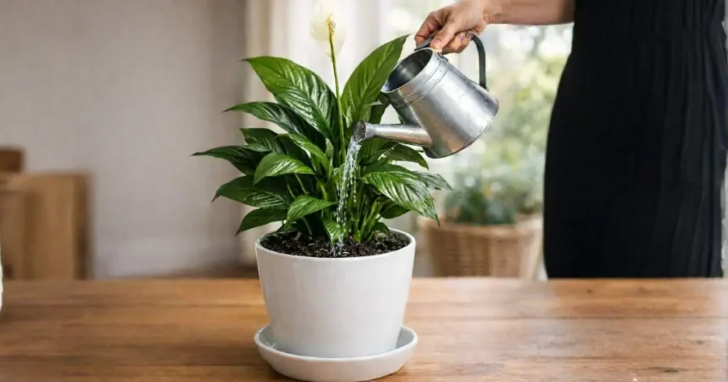 watering peace lily indoors to prevent brown leaves and keep plant healthy