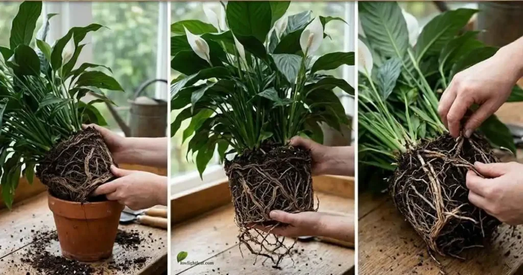 step by step peace lily propagation showing plant removal root separation and natural division process