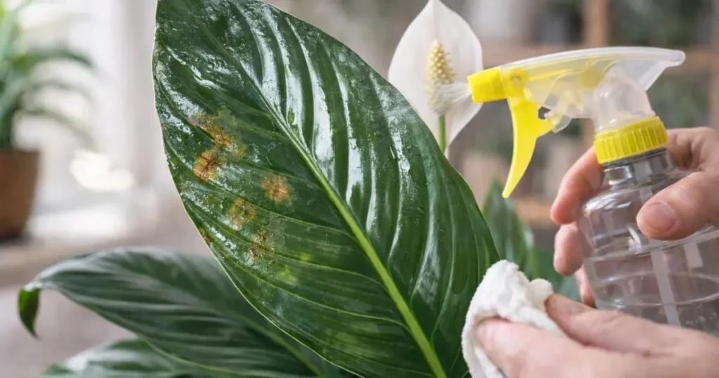 peace lily leaves turning brown due to leaf shine spray and chemical residue on leaf