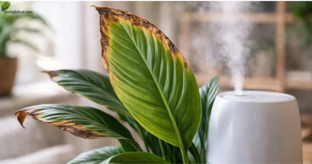 peace lily leaves turning brown due to low humidity with humidifier in background