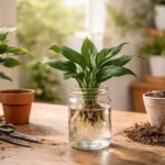 peace lily propagation in water using a divided plant section with healthy roots visible in a glass jar