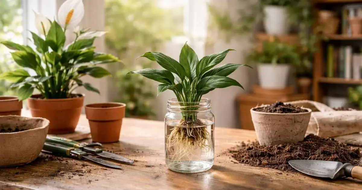 peace lily propagation in water using a divided plant section with healthy roots visible in a glass jar