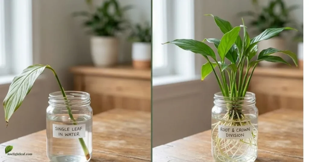 peace lily propagation comparison showing single leaf in water vs root division with healthy roots