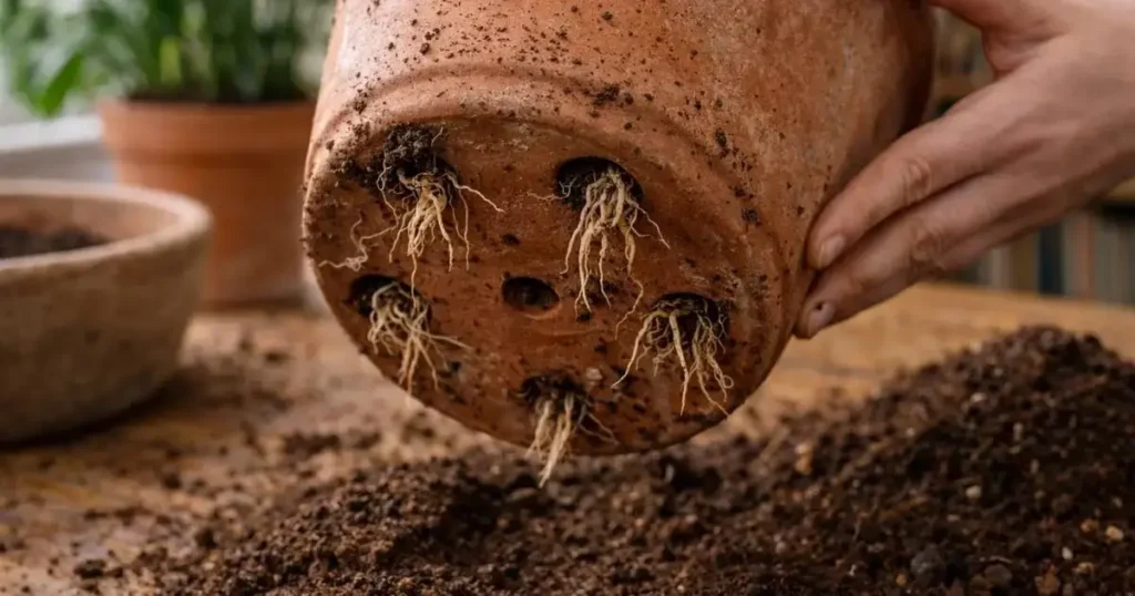 peace lily roots growing out of drainage holes showing plant is root bound and needs repotting