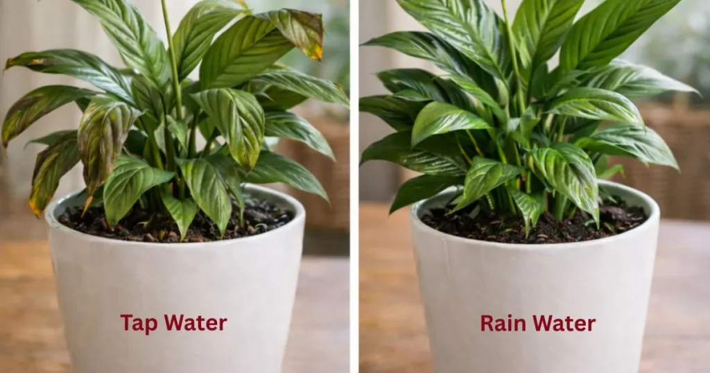 peace lily tap water vs rain water comparison showing damaged leaves vs healthy green plant