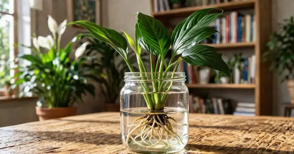 peace lily roots growing in water showing early root development during propagation