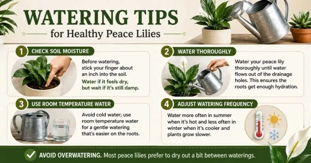 watering tips for healthy houseplants infographic showing soil moisture check watering method temperature water and seasonal watering guide