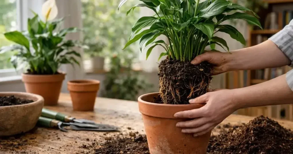 placing a peace lily into a new pot with fresh soil during repotting process