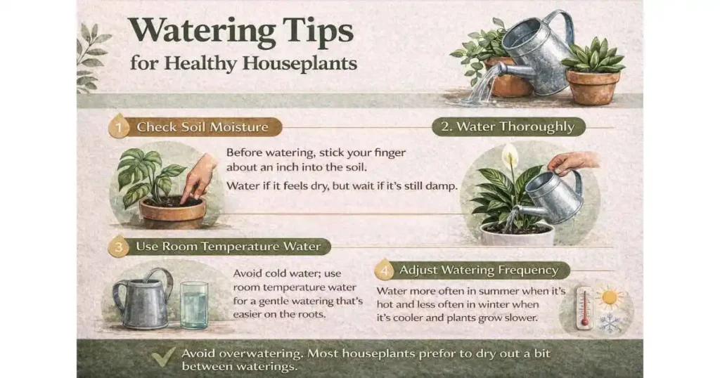 watering tips for healthy houseplants infographic showing soil moisture check watering method temperature water and seasonal watering guide