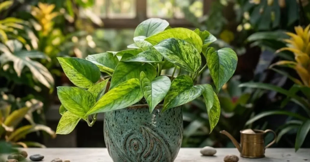 Jessenia Pothos with green marbled variegated leaves in a planter