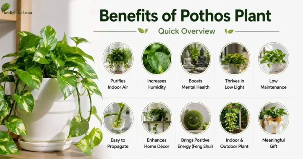 Infographic showing the top benefits of pothos plant including air purification, low maintenance, humidity support, and low light growth