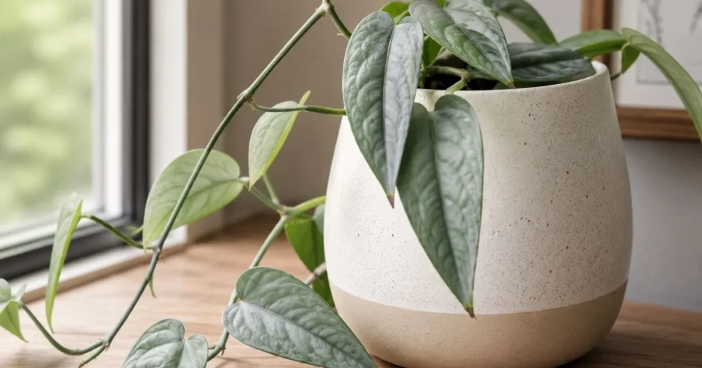 Cebu Blue Pothos with silvery blue trailing leaves indoors