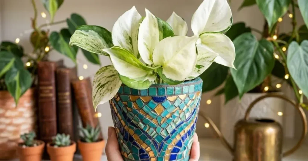 Harlequin Pothos with highly variegated white and green leaves