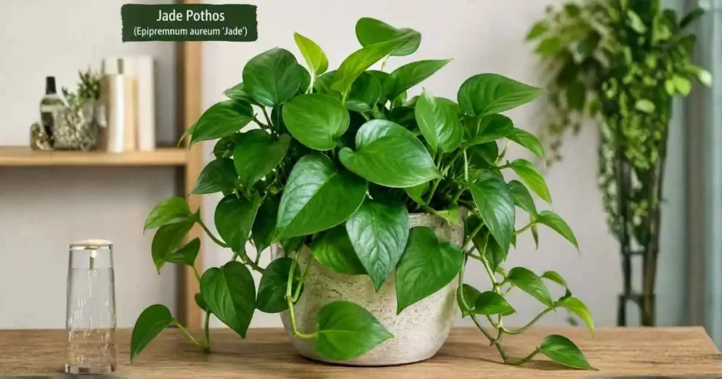 Healthy Jade Pothos plant with glossy green leaves in an indoor pot