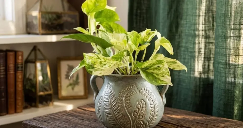 Manjula Pothos with creamy green variegated leaves in a decorative pot