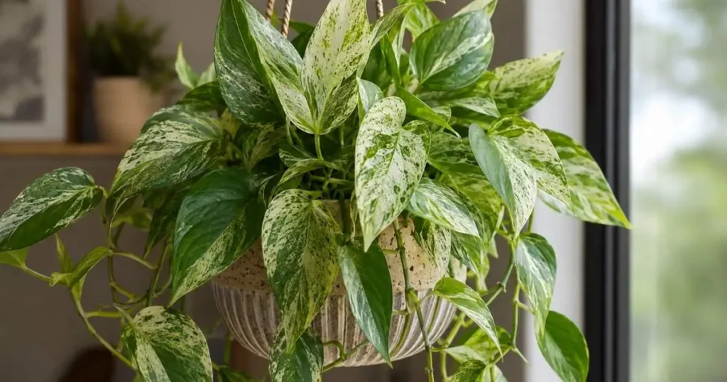 Marble Queen Pothos with green and white variegated leaves indoors