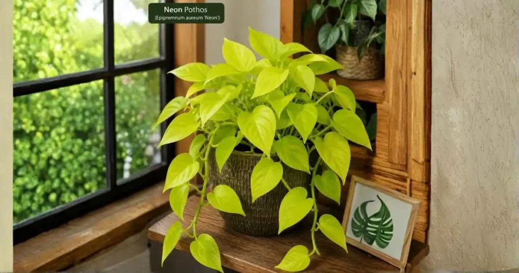 Bright Neon Pothos plant with vibrant lime green leaves indoors