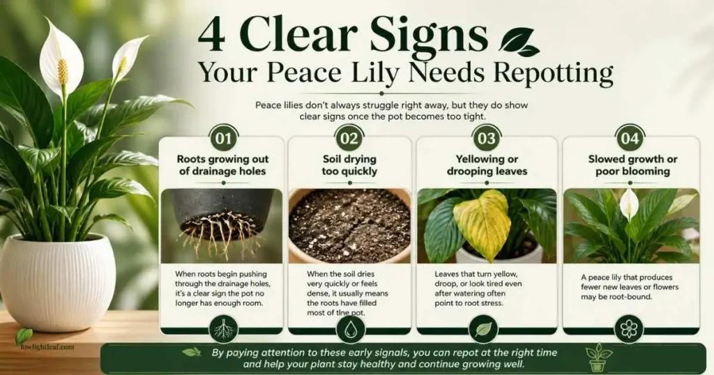signs your peace lily needs repotting including roots growing out of drainage holes and yellowing leaves