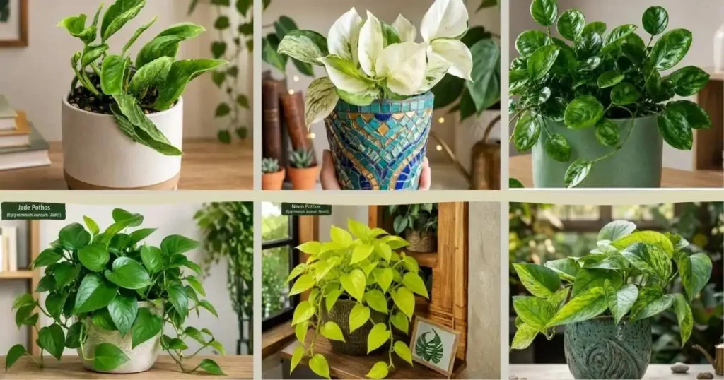 Collage of popular pothos varieties growing indoors in decorative pots